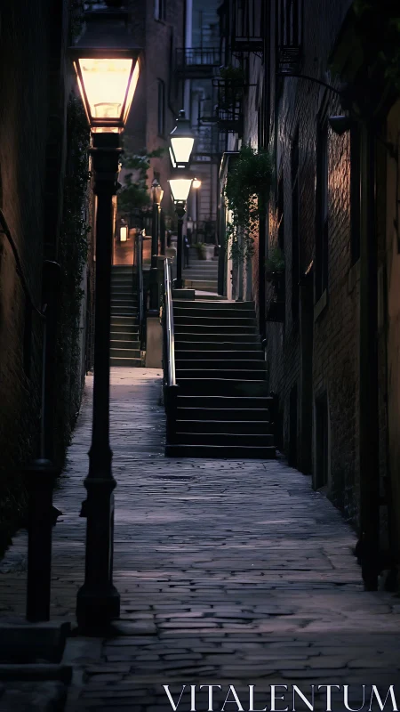 Narrow stone alley with stairway and aligned street lamps