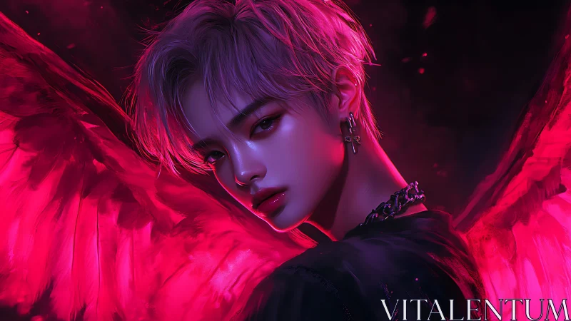 Crimson winged rebel looks back with a quiet, glowing fire