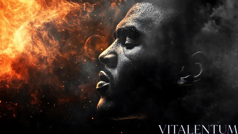 Profile portrait of man rendered in fire and smoke contrast