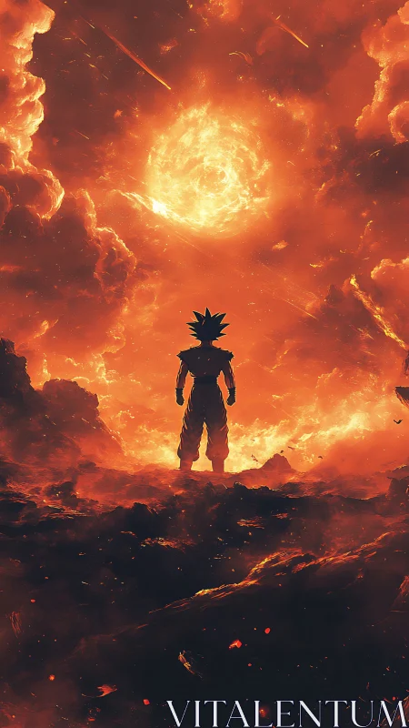 Fiery warrior gazes into a blazing sun of swirling power