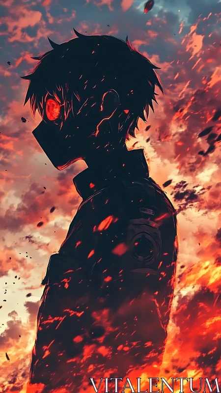 Masked anime figure stands amid rising flames at sunset