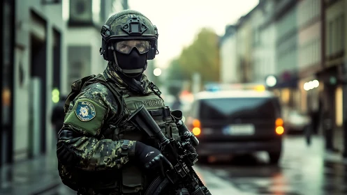 Urban tactical operator in armored deployment posture.