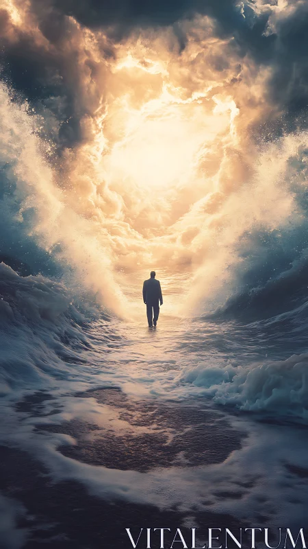 Luminous ocean pathway welcomes a lone traveler toward light