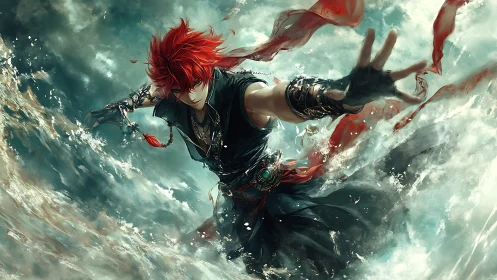 Red-haired storm mage surges through roaring ocean waves.
