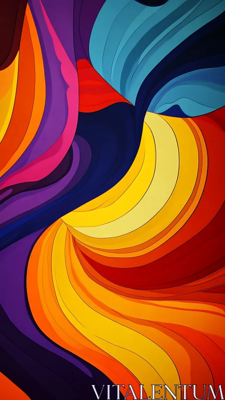 Curved layered color bands flow across vertical composition.