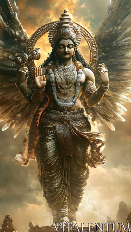 Majestic winged deity statue in golden divine light.