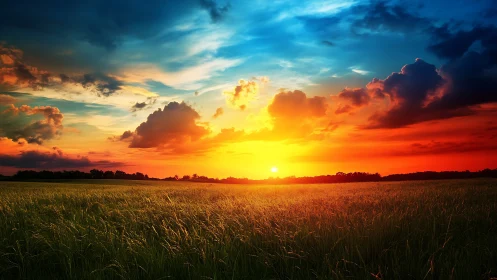 Radiant sunset warms a peaceful grassy field with glowing sky