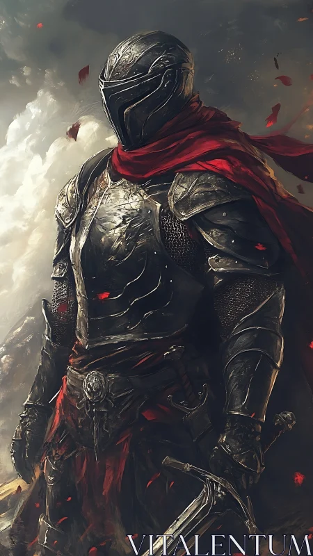 Digital painting of armored knight with red cloak in stormy field.