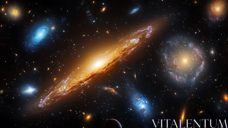 Tilted spiral galaxy cluster rendered in luminous deep space detail