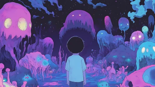 Child observing luminescent jellylike forms in alien landscape.