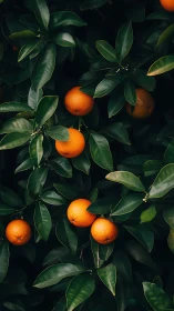 Midnight citrus chorus tucked in deep emerald leaves.