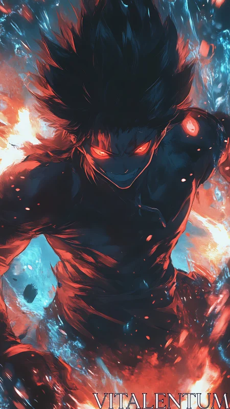 Bi-chromatic anime warrior engulfed in dynamic elemental flames