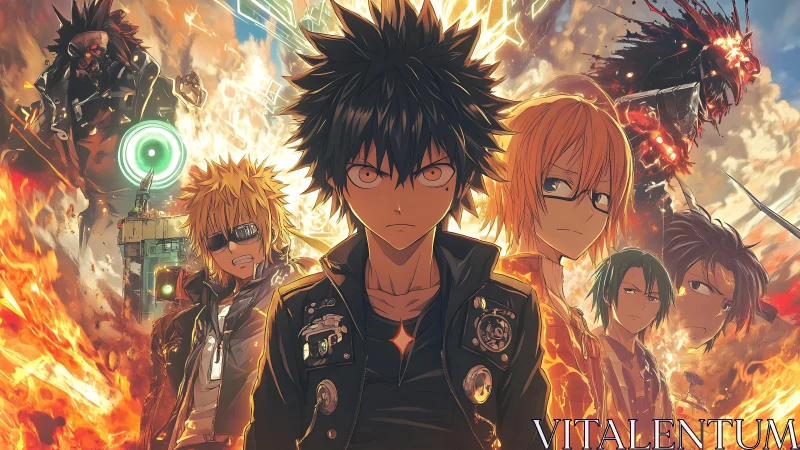 Flame-born rebels march through a storm of neon ruin.