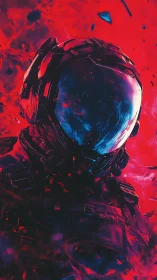 Solitary astronaut silhouette in red and blue nebular field.