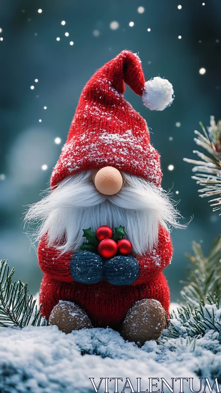 Cozy Christmas gnome rests in softly falling winter snow