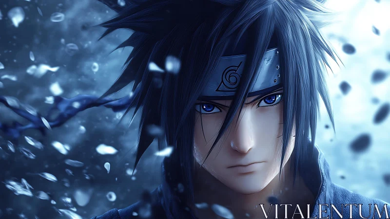 Stoic anime warrior amid storm of icy drifting shards.