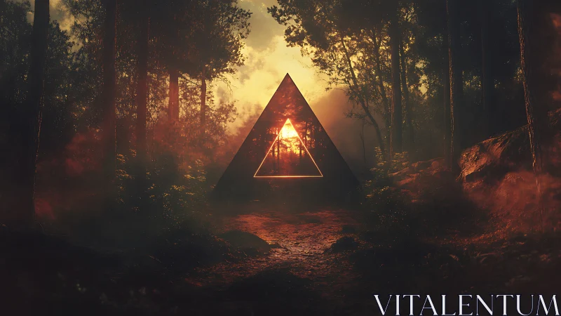 Illuminated Geometric Structure Within Dense Forest Atmosphere.