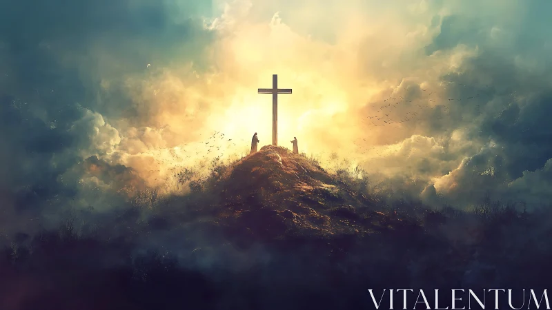 Radiant cross crowns a misty hill under glowing heavens.