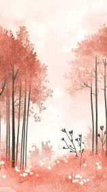 Watercolor Forest Landscape with Pink Trees and White Blossoms