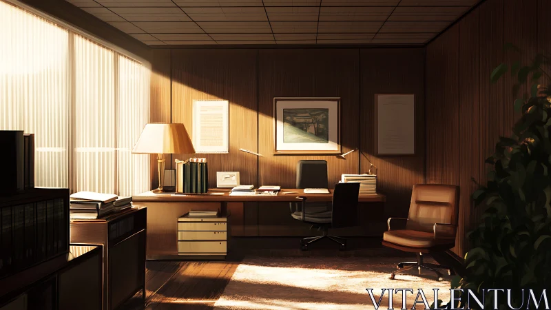 Midcentury executive office bathed in warm sunset light.