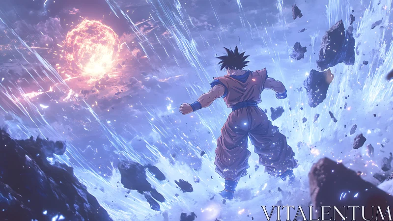 Lone warrior soaring through a storm of cosmic fire and stone.