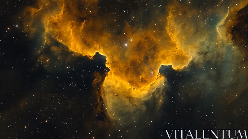 Ionized hydrogen nebula ridge with dense dark molecular pillars.