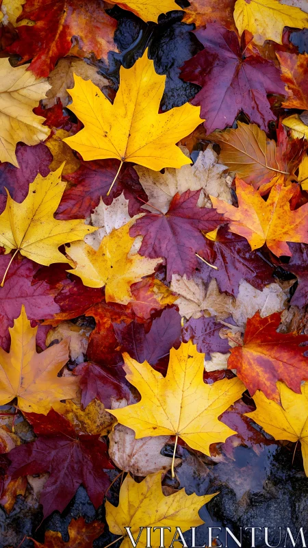 Maple leaves form vivid yellow and crimson autumn tapestry.