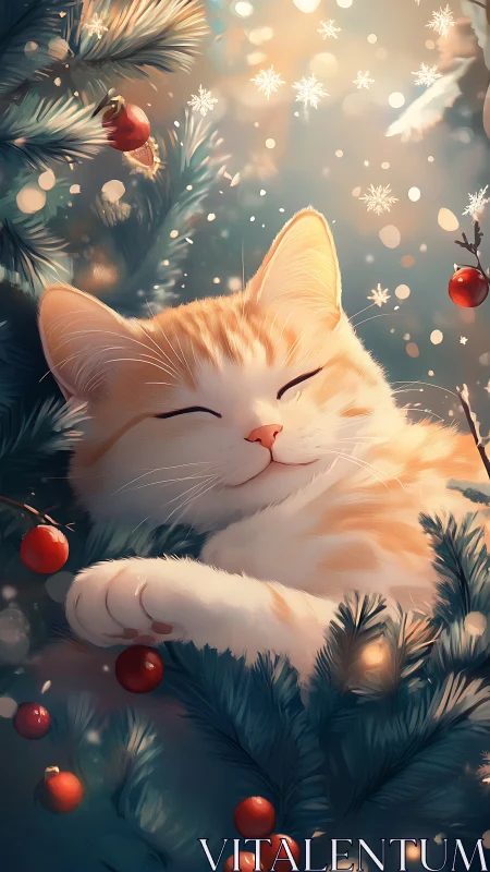 Digital painting of sleeping cat in luminous winter foliage.