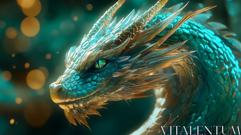 Dragon head rendered in detailed turquoise and gold scales