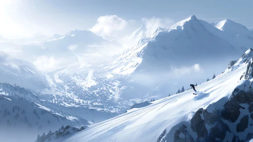 Lone skier racing sunlit powder above a dreamlike alpine town.