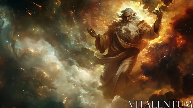 Robe-clad bearded figure amid dense luminous nebula clouds.