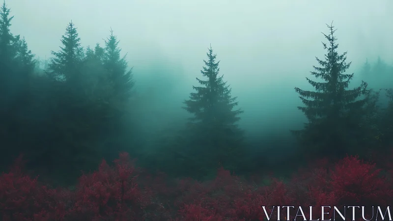 Misty Alpine Coniferous Forest with Atmospheric Layering and Burgundy Understory Vegetation