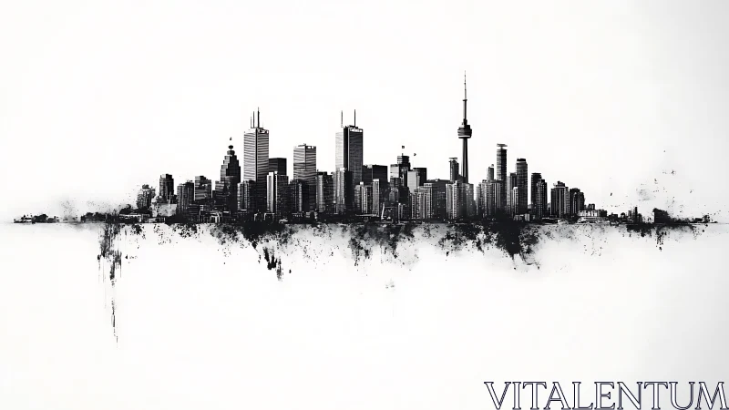 Monochrome city skyline emerges from abstract ink mist