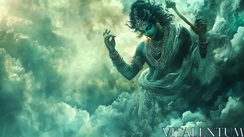 Mythic blue-skinned deity figure emerging within dense clouds.