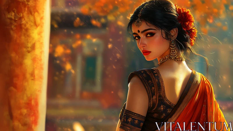 Elegant Indian Woman in Traditional Attire, Autumn-Inspired Digital Art.