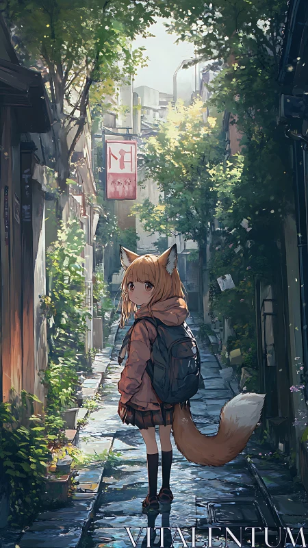 Fox-eared schoolgirl wandering a sunlit secret alleyway.