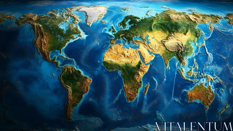 Colorful world map with glowing oceans and textured lands.