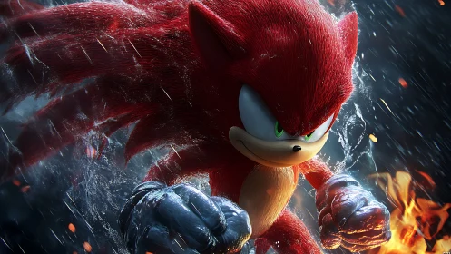 Red anthropomorphic hedgehog charges through rain and fire