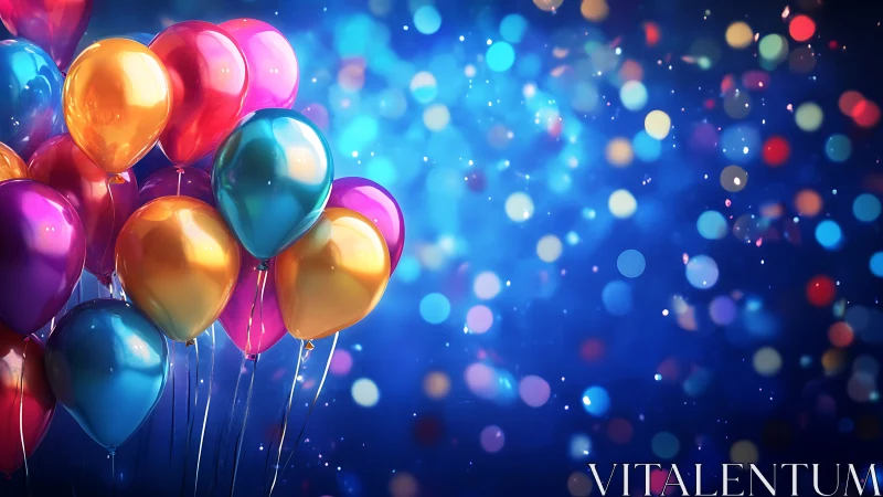 Colorful Metallic Balloons Against Blue Bokeh Background.