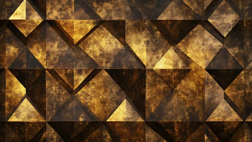 Geometric gold and umber relief grid renders faceted metallic planes