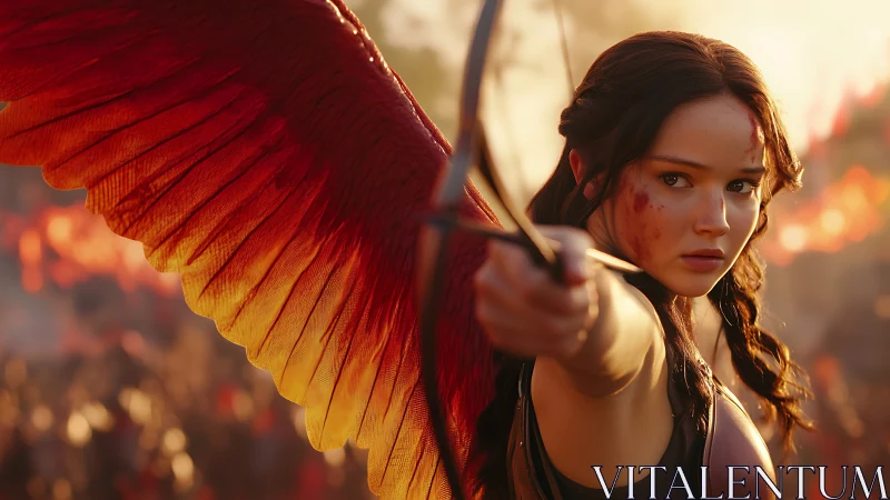 Fiery winged archer draws a last stand arrow at dusk.