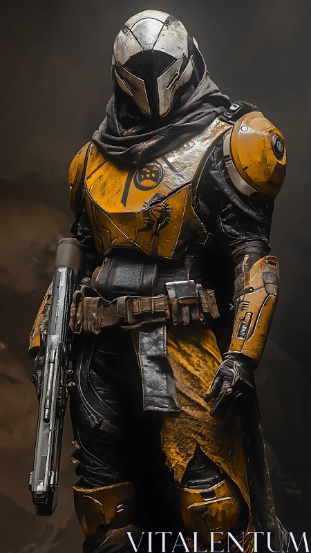 Armored sci fi soldier stands holding rifle in worn yellow suit