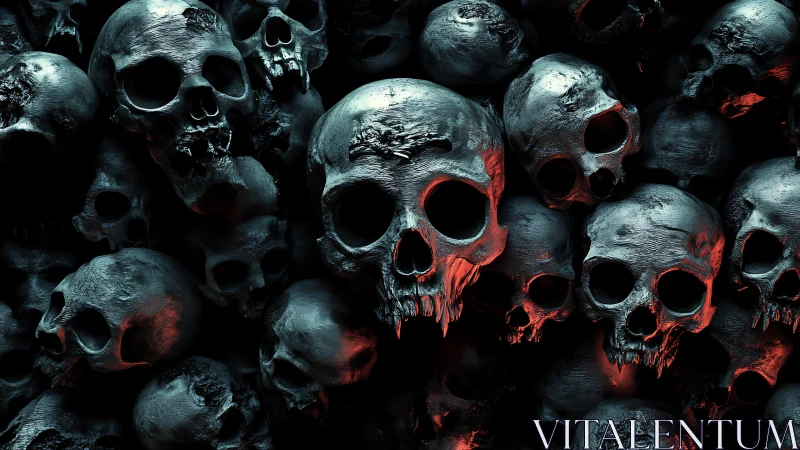 Dense cluster of metallic skulls with red accent lighting.