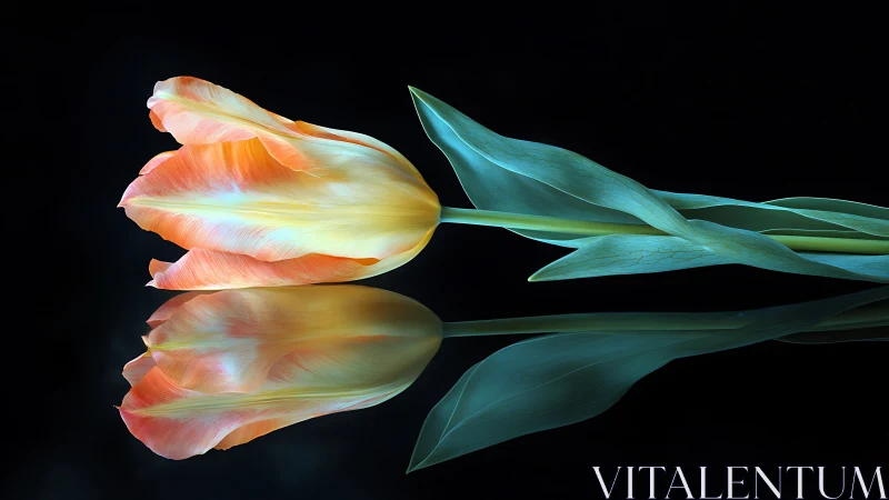 Macro tulip study with mirrored reflection on glossy black plane