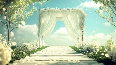 Outdoor wedding arch framed by white blossoms under sunlight