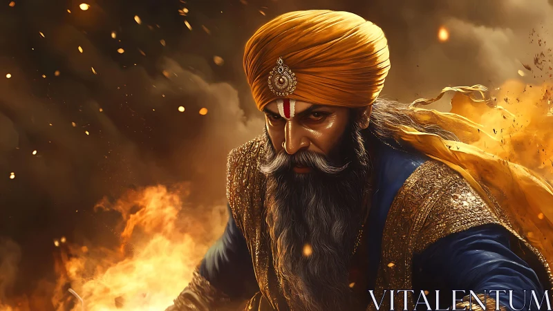 Warrior saint in burning battlefield holds intense gaze firmly