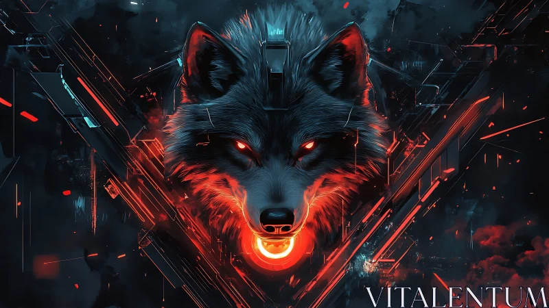 Cyberwolf glow in neon night, stalking through electric haze.