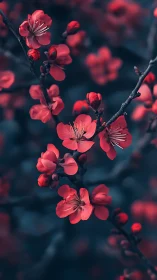 Red Cherry Blossoms on Dark Branch
