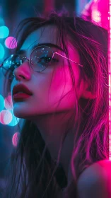 Woman with glasses lit by neon pink and blue city lights