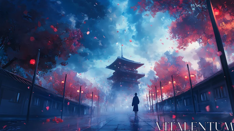 Silhouetted figure walks toward distant pagoda through mist